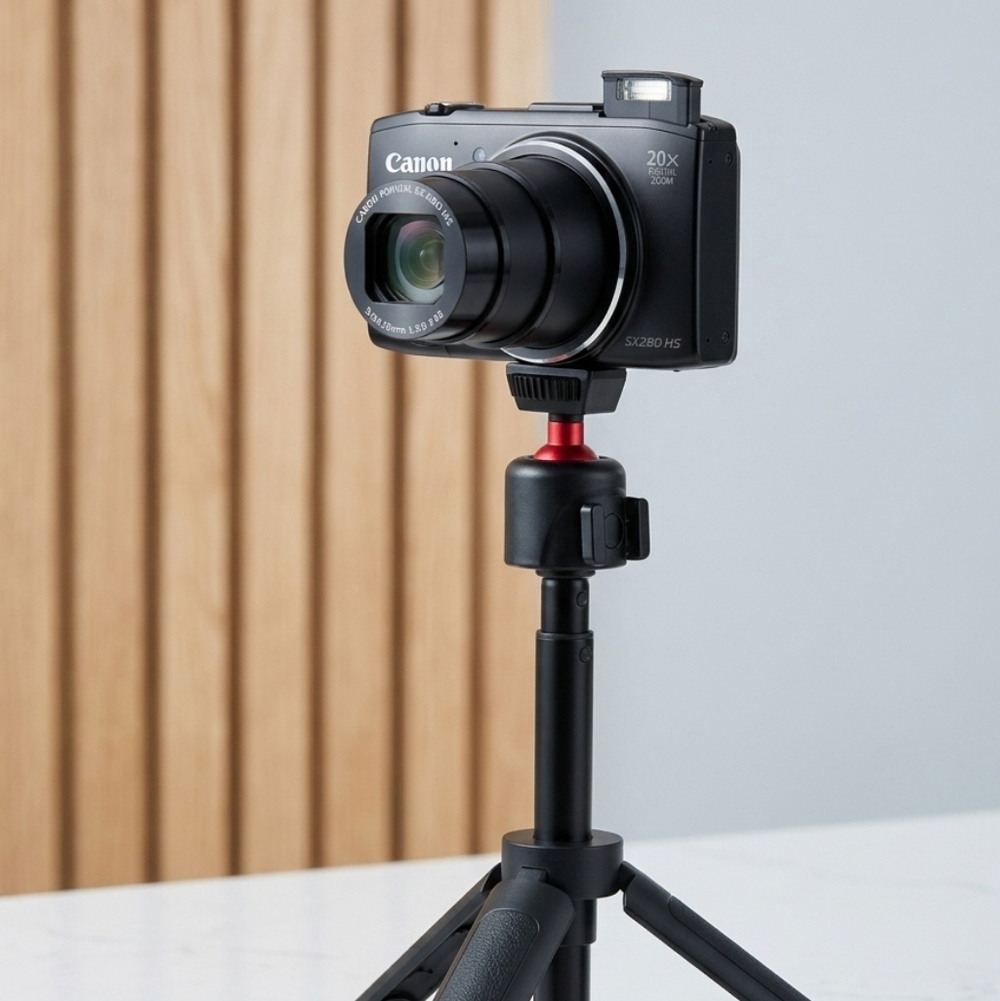 Canon Black Compact Camera on Black Tripod with Red Accent